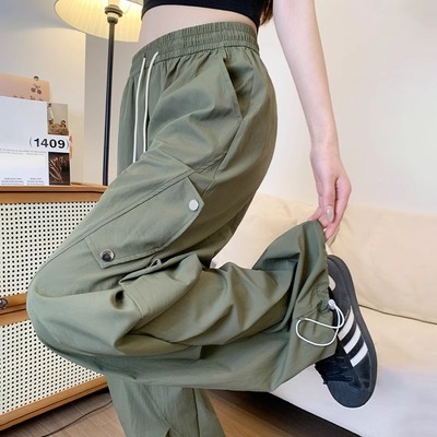 工装裤女春秋2025新款高腰宽松直筒美式军绿色休闲户外登山运动裤