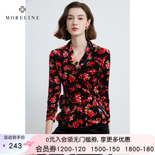 女春秋新款 沐兰设计感玫瑰印花衬衫 斜门襟收腰灯芯绒衬衣