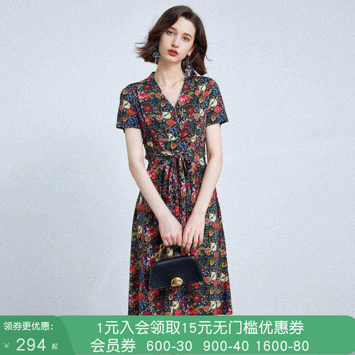 沐兰商场同款复古印花修身连衣裙夏季V领本布腰带A字裙