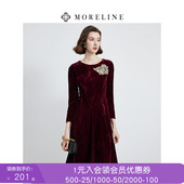 沐兰灯芯绒端庄优雅连衣裙春夏新款 贴片刺绣中长款 裙子A摆裙