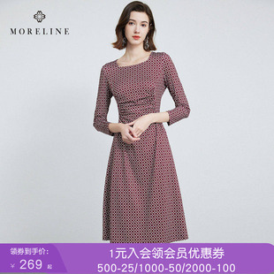 沐兰优雅气质方领收腰印花连衣裙春法式复古大摆裙中长款