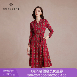 沐兰法式优雅安可拉红印花连衣裙冬新款V领显瘦A字裙中长款