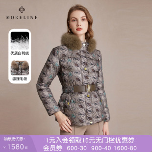 沐兰狐狸毛领老钱风印花羽绒服女2026冬装新款腰带御寒白鸭绒外套