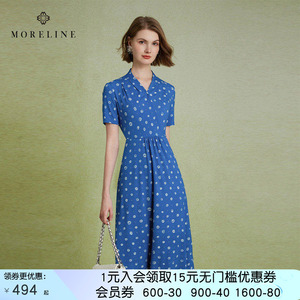 沐兰法式优雅印花连衣裙夏季修身显瘦V领松紧腰A字裙