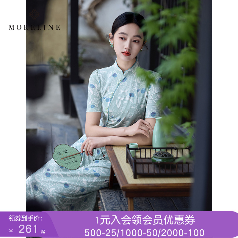 沐兰新中式改良旗袍裙2025夏装新款国风印花捏褶收腰中长款连衣裙