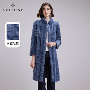 沐兰奢雅水貂毛皮大衣女冬新款 水波纹拼貂皮草保暖外套中长款
