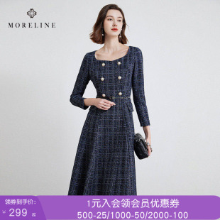 沐兰优雅方领织花小香风连衣裙春秋法式 双排扣高腰裙