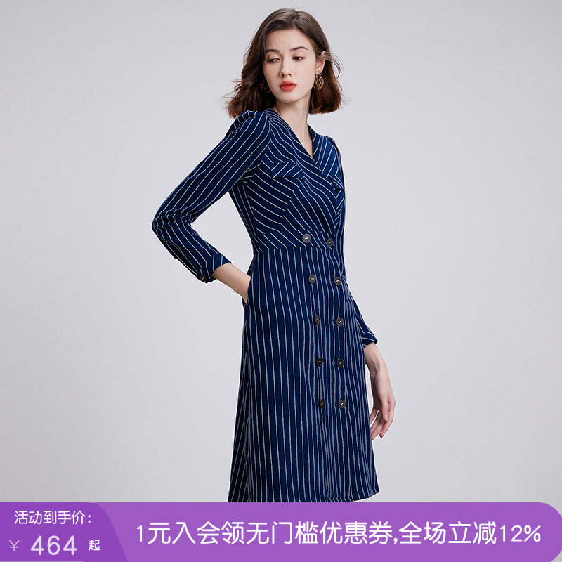 沐兰都市优雅条纹连衣裙女2025年冬季新款V领修身双排扣西装裙