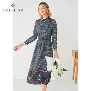 沐兰轻奢优雅印花连衣裙2025年春新款高级感收腰翻领A字裙中长款