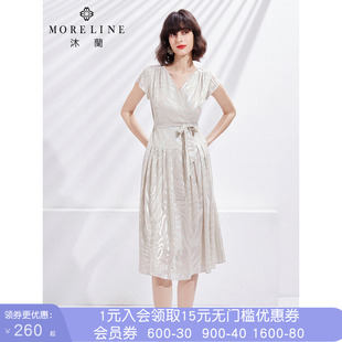 沐兰法式深V领连衣裙女夏装新款气质短袖收腰百褶裙摆长裙
