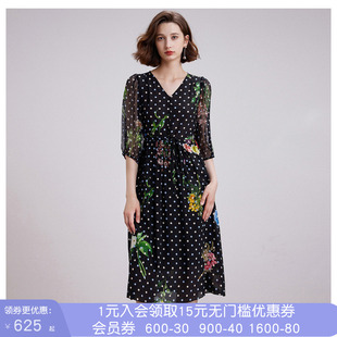 【100%桑蚕丝】沐兰小众设计感波点印花连衣裙夏季真丝裙A字裙