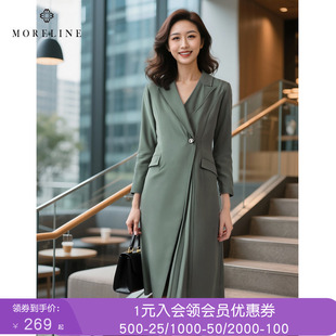 沐兰法式优雅西装领连衣裙秋新款高级感两穿风衣式裙中长款