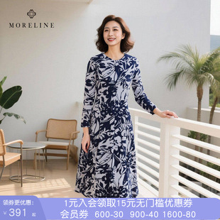 沐兰优雅新中式水墨印花连衣裙冬新款弹力收腰修身打底冬裙