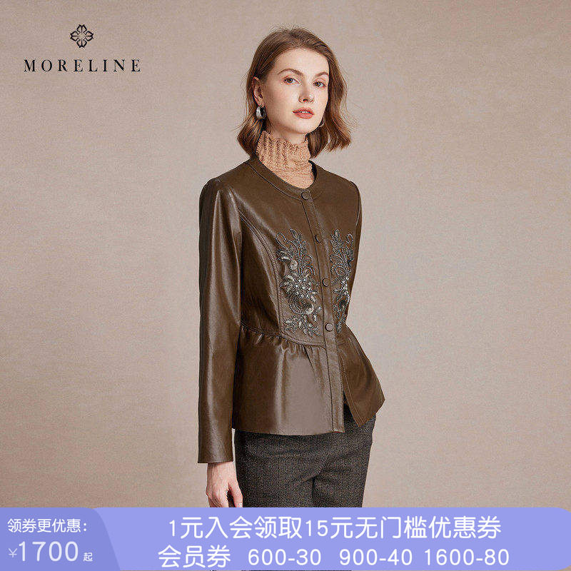 沐兰轻奢刺绣钻饰皮衣女秋新款简约干练宽松直筒百搭单皮衣