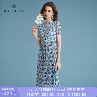 沐兰轻奢法式优雅V领连衣裙女夏装新款减龄设计感印花连衣裙
