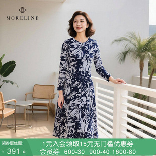 沐兰优雅新中式水墨印花连衣裙冬新款弹力收腰修身打底冬裙