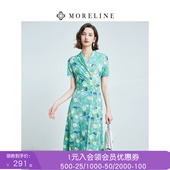 修身 沐兰优雅淑女气质连衣裙夏装 新款 显瘦减龄V领印花中长裙