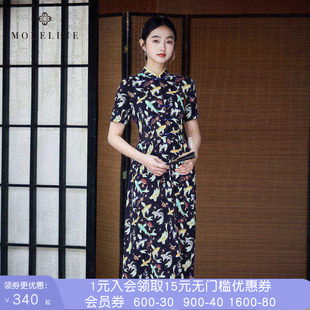 沐兰轻奢优雅复古锦鲤印花连衣裙夏季旗袍领A字裙中长款
