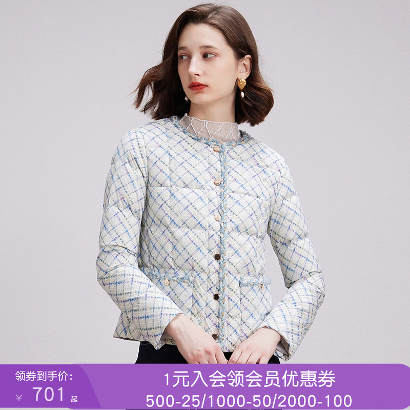沐兰法式优雅小香风羽绒服女2025年冬季新款短款轻薄保暖方格外套