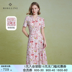 沐兰气质减龄立式V领红花印花裙2026年夏新款修身女人味连衣裙