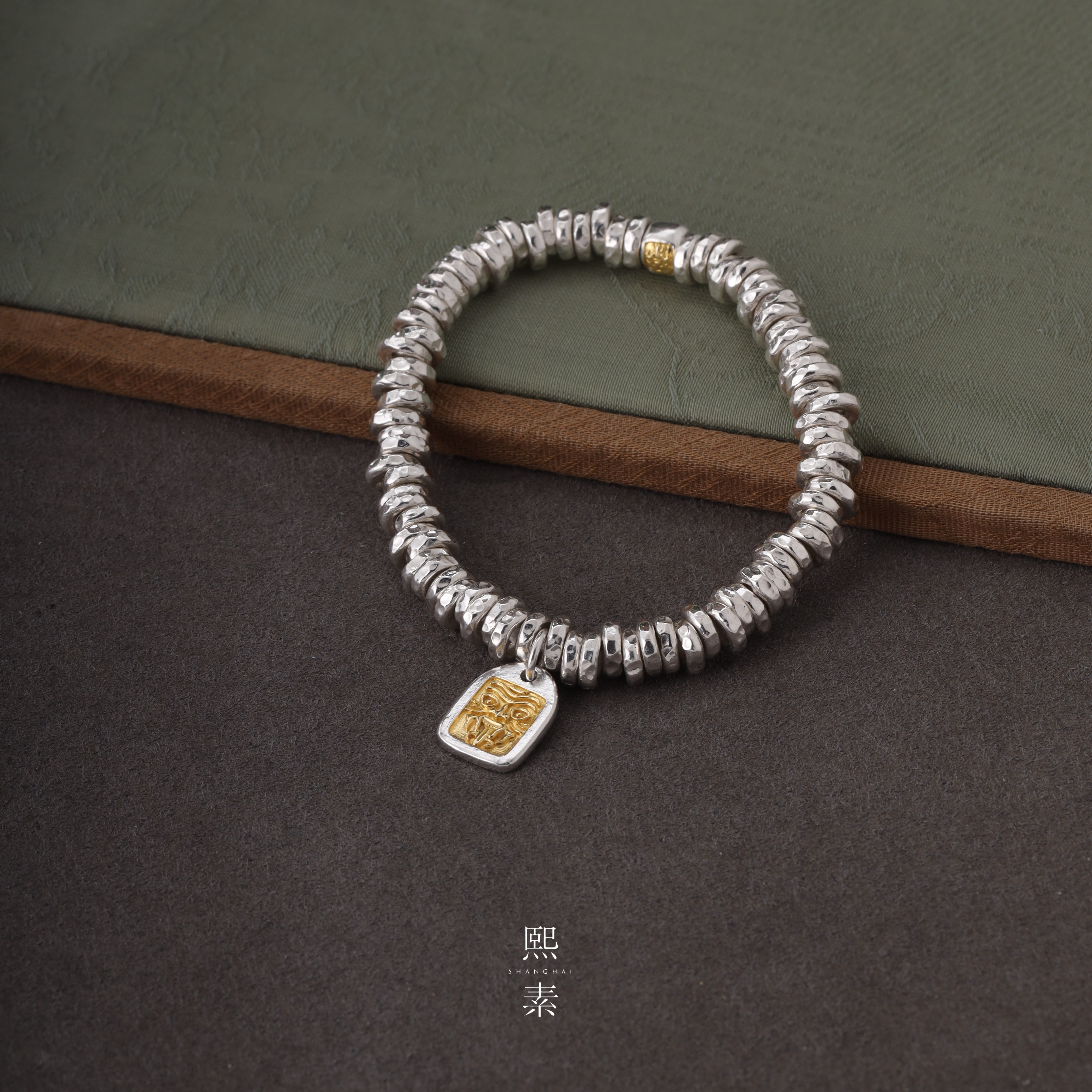 手工锤纹实心999纯银细手链