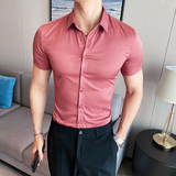 2025夏季新款10色免烫修身短袖衬衫A431-QH3301特P33紫红色，男装T恤，星座401B（原A431）