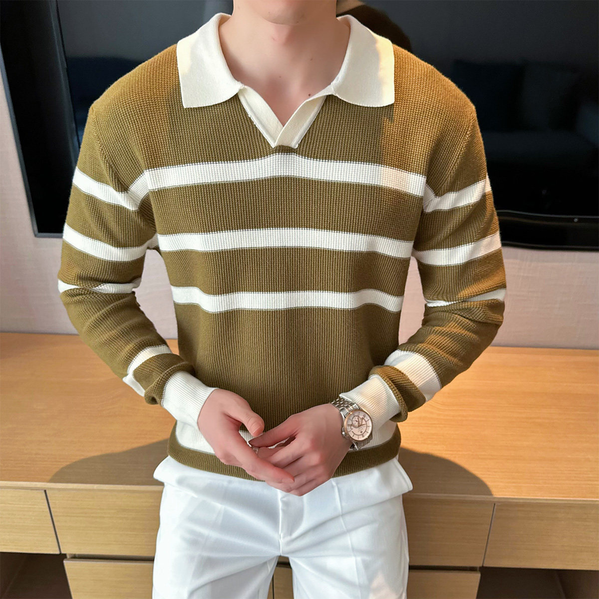 2025秋装新款男士半拉链V领毛衣条纹打底针织衫401B-MY550-P75,男装T恤,星座401B（原A431）