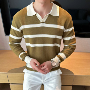 2025秋装新款男士半拉链V领毛衣条纹打底针织衫401B-MY550-P75图片