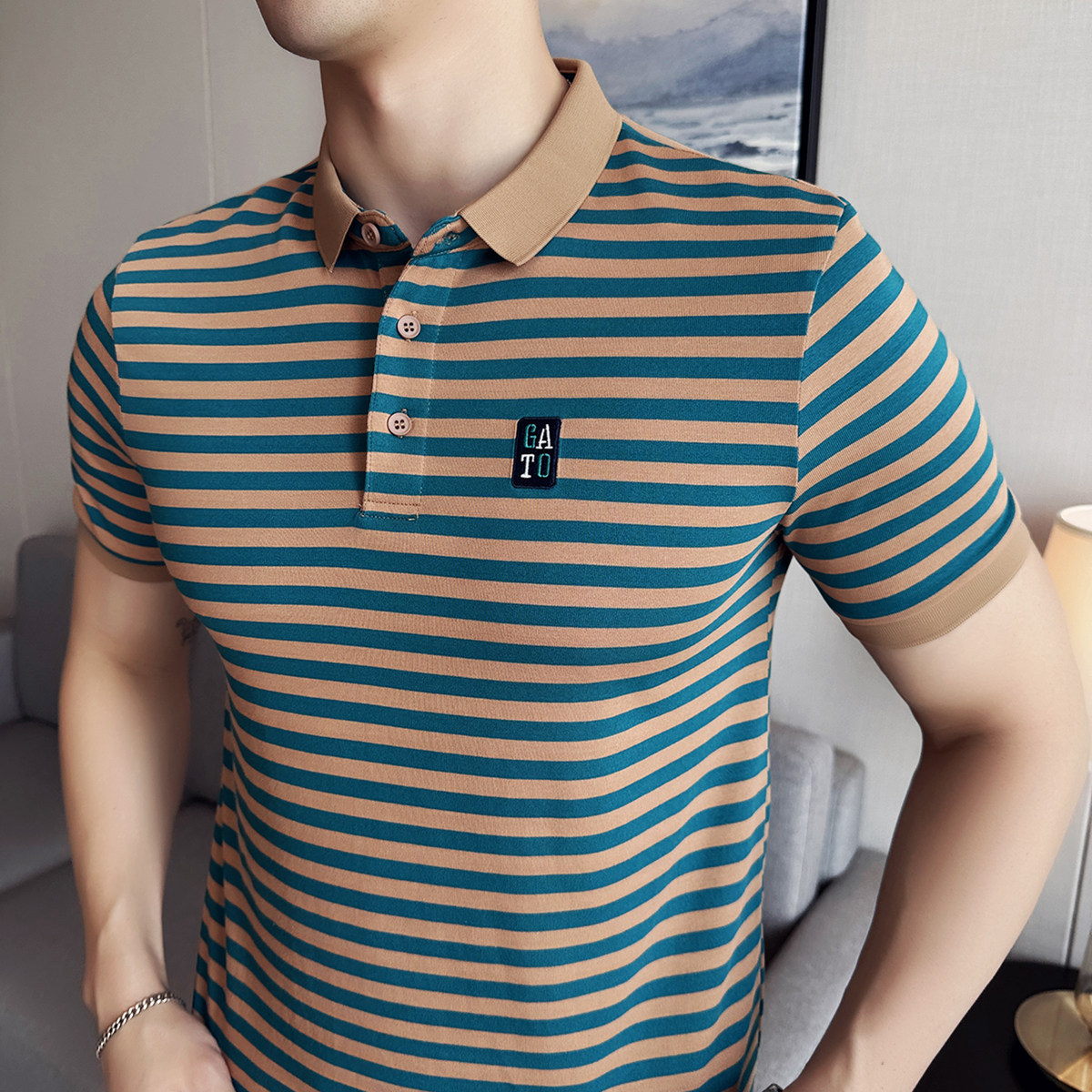 夏季英伦潮流修身条纹短袖POLO衫休闲T恤男上衣翻领A431-PL10-P55,男装T恤,星座401B（原A431）