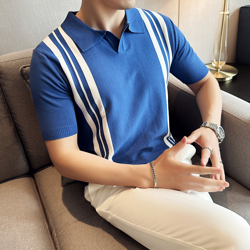 2025夏季新款针织男士短袖polo衫修身条纹冰丝T恤A431-PL67-P60,男装T恤,星座401B（原A431）