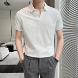 常年款2025夏季英伦纯色V领珠地短袖POLO衫男士T恤A431-M608-P48，男装T恤，星座401B（原A431）