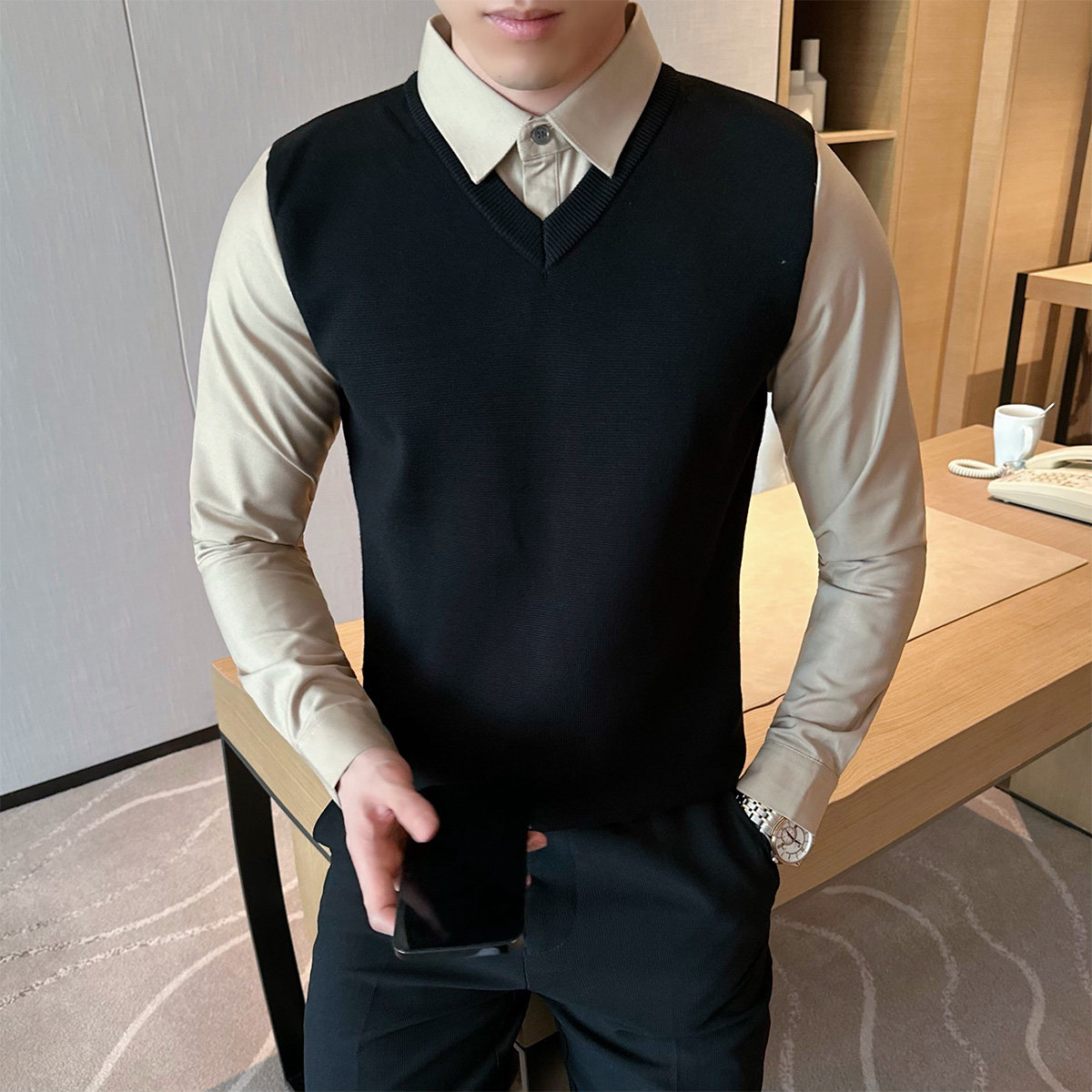 2025秋装新款男士假两件衬衫领毛衣商务休闲针织衫401B-MY72-P88,男装针织衫/毛衣,星座401B（原A431）