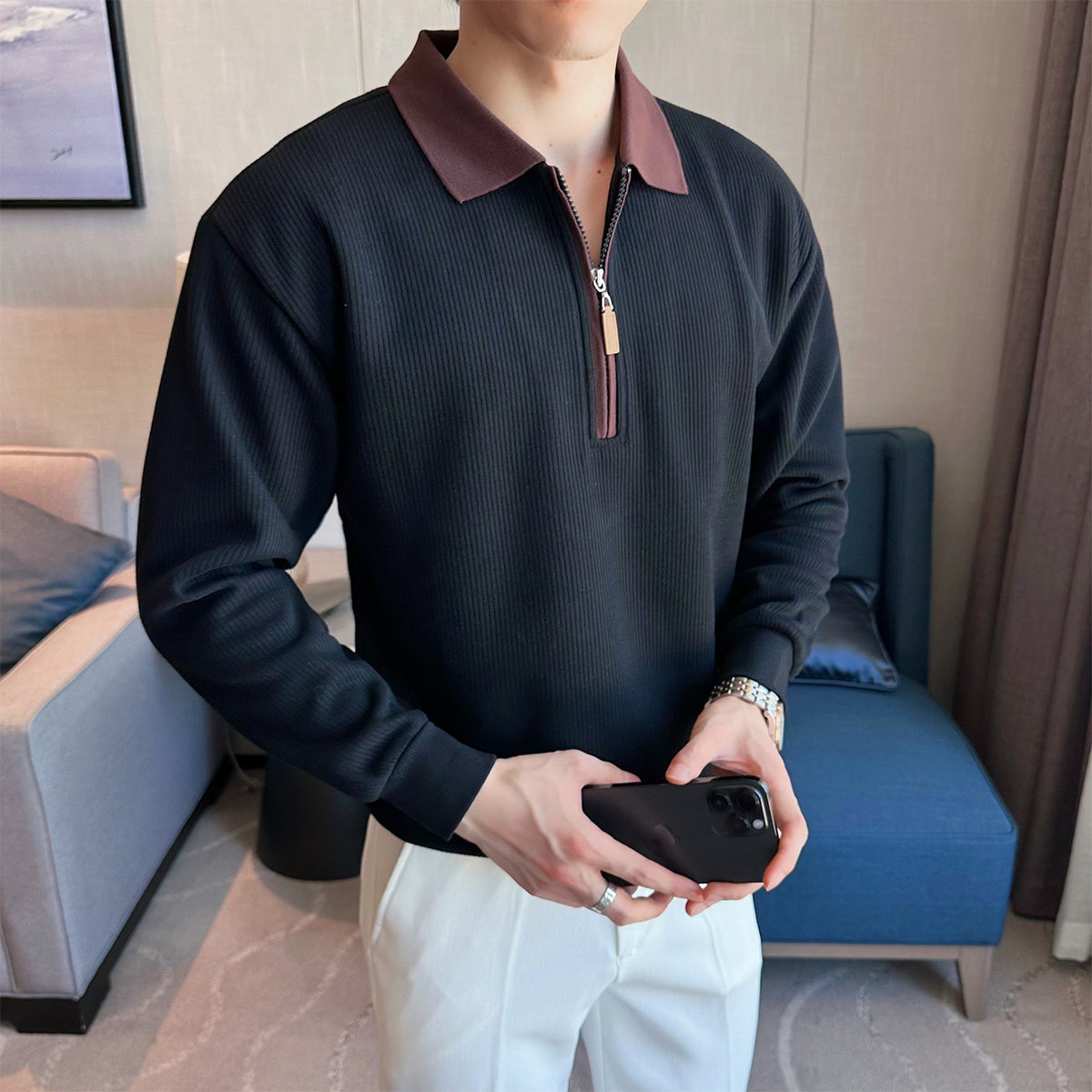 2025秋装男士翻领拼色卫衣纯色休闲百搭长袖打底衫401B-WY103-P68,男装T恤,星座401B（原A431）