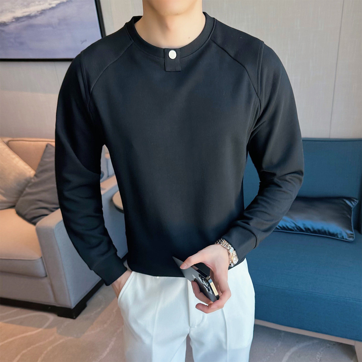 2025秋装新款男士圆领卫衣纯色休闲百搭长袖打底衫401B-WY58-P60,男装T恤,星座401B（原A431）