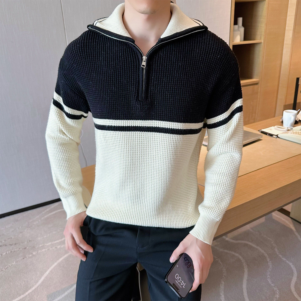 2025秋装宽松男士半拉链立领毛衣纯色打底针织衫401B-MY825-P85,男装T恤,星座401B（原A431）