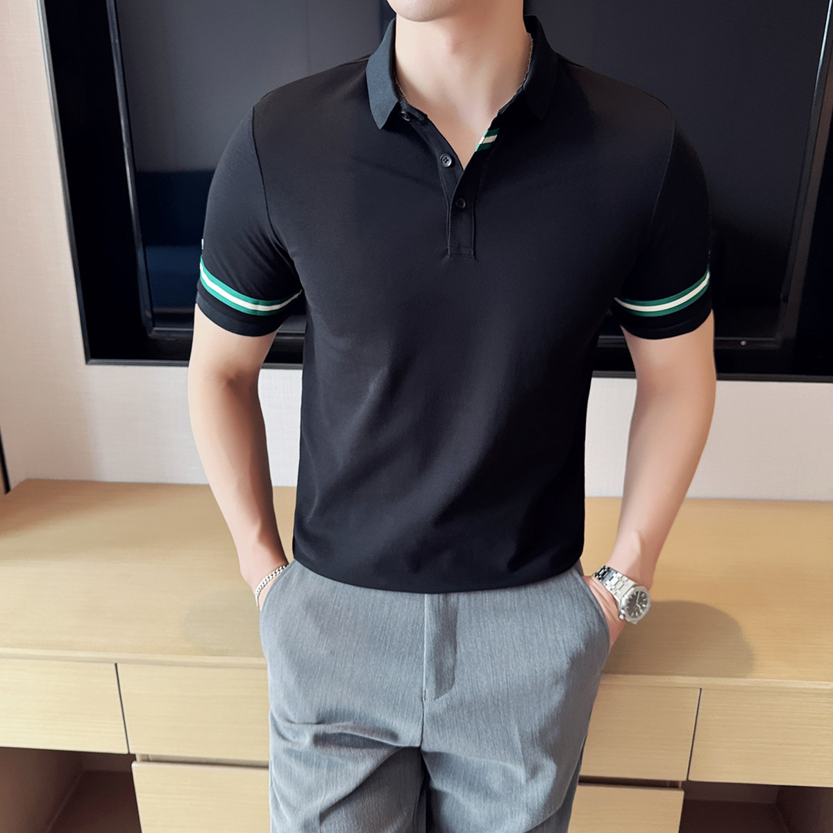 2025夏季新款织带条纹短袖POLO衫男修身T恤上衣A431-PL516-特P50,男装T恤,星座401B（原A431）