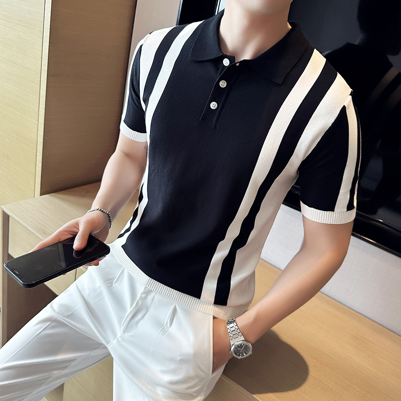 2025夏季新款透气英伦冰爽丝短袖男士polo衫t恤条纹A431-PL75-P60，男装T恤，星座401B（原A431）