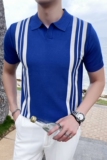 2025夏季新款修身针织男士短袖polo衫条纹冰丝T恤A431-PL67-P60，男装T恤，星座401B（原A431）