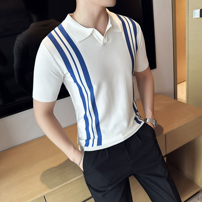 2025夏季新款针织男士短袖polo衫修身条纹冰丝T恤A431-PL67-P60，男装T恤，星座401B（原A431）