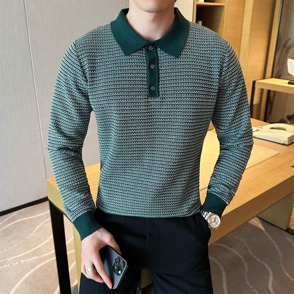 2025秋装新款男士英伦休闲翻领毛衣条纹打底针织衫401B-MY33-P80,男装针织衫/毛衣,星座401B（原A431）