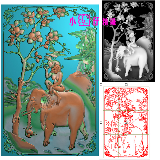 精雕图藏族吉祥象猴羊鸟桃四角草龙边框JDP浮雕图521软件图BMP
