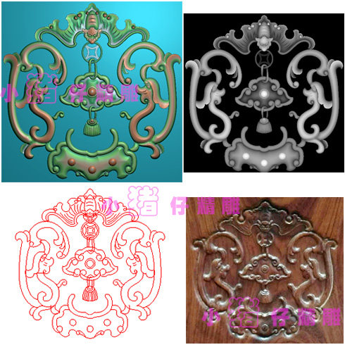 精雕图蝙蝠如意围板 草龙对龙二龙JDP浮雕图521软件BMP灰色图