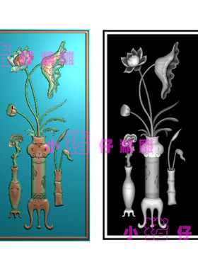 如意荷花瓶JDP精雕图围板挡板屏风花格浮雕图BMP灰色图521