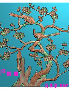 方板梅花双鸟二鸟图喜上楣梢精雕图JDP浮雕图521软件BMP灰色图