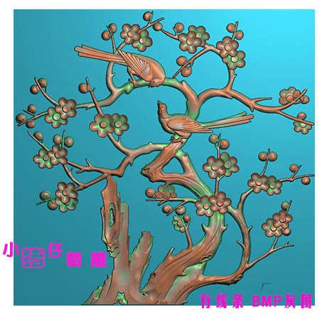 方板梅花双鸟二鸟图喜上楣梢精雕图JDP浮雕图521软件BMP灰色图