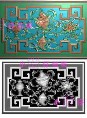 藏族八宝莲花宝瓶螺幢背板JDP精雕图浮雕图BMP灰色图521