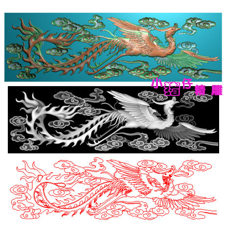 凤凰棺木侧板双雕精雕图JDP浮雕图521软件图BMP石雕木雕灰白图