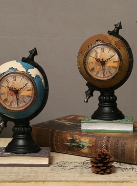 复古做旧地球仪时钟摆件书房办公室客餐厅酒柜玄关摆台钟表装饰品