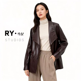 翻领显瘦油蜡羊皮收腰中长款 26年春季 皮衣外套宽松阔版 女装 新款