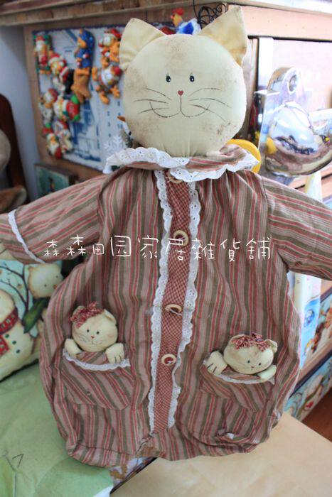 外贸出口特价布艺手绘美式乡村手工条纹猫咪布袋子玩偶衣架挂件